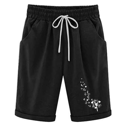 MJISG Sommerhose Damen Leicht Knielang Leinenhose Kurze Hosen Locker Hohe Taille Caprihose Elastisch Einfarbig Ausgehöhlt Luftig Strandhose Stoffhose mit Tunnelzug Leinenhose Damen