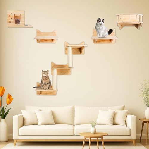 LADVATKIN Katzen Wandregale, Katzenwandmöbel Set, Katzenregale und Sitzstangen für Wand, Kletterregal Spielplatz, Katzenkratzbaum mit 3 Stufen Wandregal Innen Wandmontage Cat Condos Haus