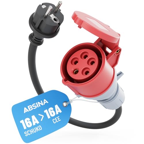 ABSINA Adapter Schuko Stecker auf CEE Kupplung - Schuko auf CEE 16A 5-polig mit 60 cm Kabellänge & IP44 Schutz - Drehstromadapter auf Schuko als Elektroauto Zubehör - Adapter Starkstrom auf 230V