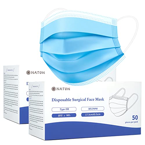 NATON Pack of 50 Medical Disposable Masks - 3-Ply Blue Surgical Masks EN 14683 Disposable Protective Masks, Type IIR Standard CE Certified Mask, Surgical Mouth Mask Face Mask, Mouth and Nose