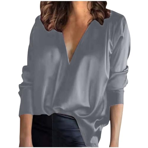 Awrvia Blusen Damen Satin Elegant Oberteil Elegant V Ausschnitt Tshirts Sexy Satinblusen Lässige Vintage Hemd Modern Sportshirt Slim Fit Longshirt Weich Langarmshirt Angebote