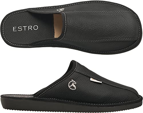 ESTRO Hausschuhe Herren Leder Herrenhausschuhe - Hausschuh Männer Pantoffel Pantoffeln Pantoletten Slipper Mann Warm Rust (44 EU, Schwarz)