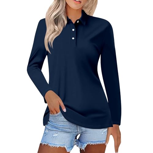 Cihdmfb Longshirt Damen Elegant Einfarbige Poloshirt Große Größen Locker Langarmshirt Casual Rundhals Revers Langarm Bluse Teenager Mädche Bequeme Leichte Tshirt mit Knöpfen Hemden Top(A Schwarz,L)