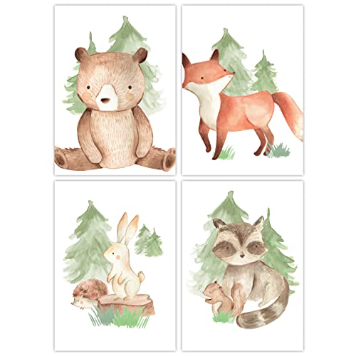 Pandawal Kinderzimmer Babyzimmer Waldtiere Bilder Deko Natur Poster Set 4er Tiere für Kinder Junge I Mädchen DIN A4