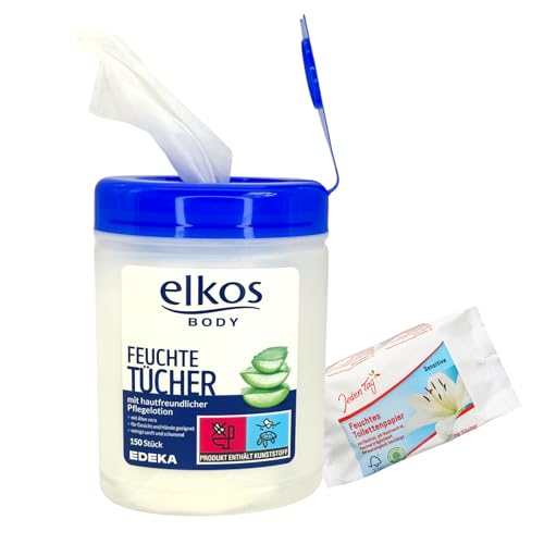 Elkos Body Feuchtetücher mit hautfreundlicher Pflegelotion (Aloe Vera) - 150 Stück (1er Pack) + Gratis Jeden Tag feuchtes Toilettenpapier Sensitiv 70 Blatt