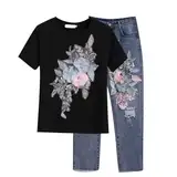 2 Teilig Modische Gerade Bein Jeanshose Outdoor Freizeitanzug Mit DREI Blumen Grenze Beliebter Frühling Sommer Besticktes T Shirt Zerrissene Jeans Langes Damen Hosenanzug Lässig (Black, XL)