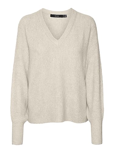 VERO MODA Damen VMEMERALD LEFILE LS V-Neck Pull. Low Strickpullover, Birch/Detail:W. Melange, Medium