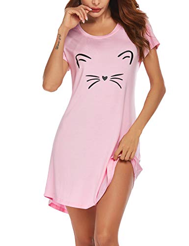 Ekouaer Nachthemd Damen Kurzarm Sleepshirt Knielang Nachtwäsche chic Schlafshirt lustig Schlafhemd rosa XL