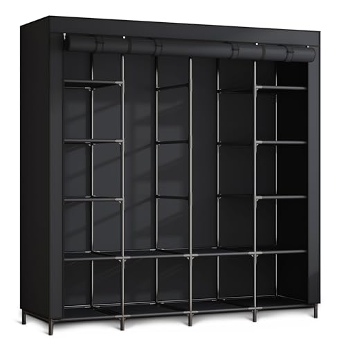 Massido Kleiderschrank Stoffschrank Faltbar Stabil 14 Ablagen Kleiderstange Soffüberzug Stahlgestell 170 x 45 x 170 cm Schwarz
