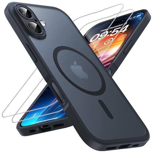 TOCOL 3 in 1 für iPhone 16 Hülle für Magsafe, mit 2 Schutzglas, Vollständiger Kameraschutz Stoßfest Kratzfest Magnetisch Handyhülle für iPhone 16 Case, Schwarz