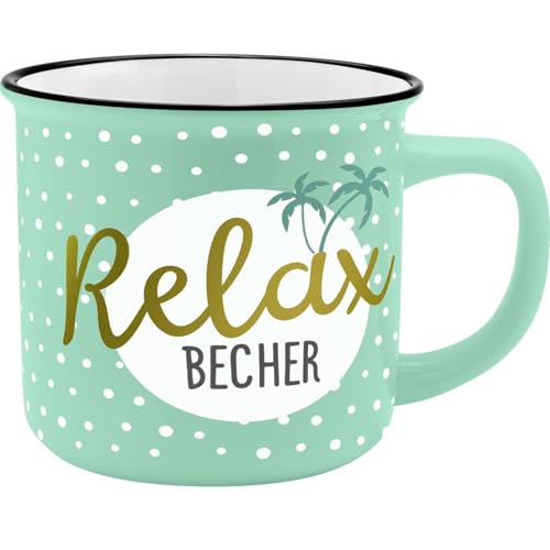 GRUSS & CO Becher Motiv "Relax" | New Bone China Porzellan, Emaille-Optik, 35 cl | Geschenk, Frühstück | 45788