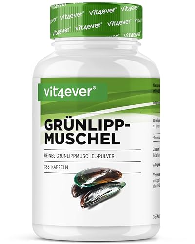 Grünlippmuschel - 365 Kapseln mit je 600 mg - Premium: Mit Glycosaminoglykane - Hochdosiertes Grünlippmuschelextrakt - 100% Grünlippmuschelpulver aus Neuseeland ohne Zusätze - Laborgeprüft