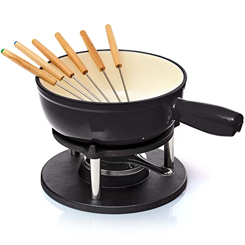 Bonvivre Gusseisen Fondue Set für 6 Personen - 2 Liter - Fondueset 9-teilig mit Brenner und 6 Gabeln - mit Emaille-Beschichtung - geeignet für Käsefondue Schokofondue Fleischfondue Gemüsefondue