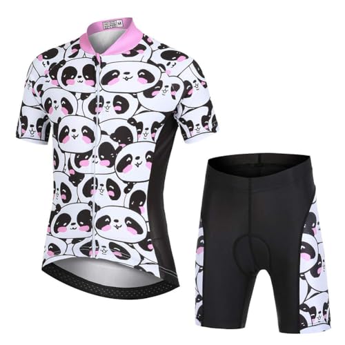 L PATTERN Kinder Radtrikot Set Jungen radsport anzüge (Fahrrad Trikot Kurzarm + Radhose) Mädchen Fahrradbekleidung Anzug mit Sitzpolster, Süß Panda, 146/152(Tag:XL)