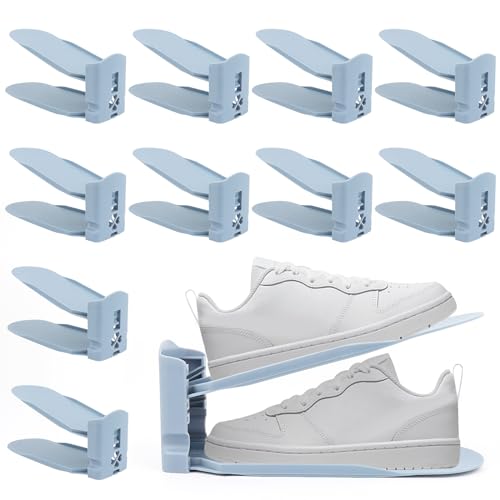 MXTIMWAN 10 Stück Verstellbarer Schuhschlitz, Höhenverstellbar Schuhstapler Platzsparend, Rutschfest Schuhorganizer für Schlafzimmer, Wohnzimmer, Shoe Rack Regal, Blaue