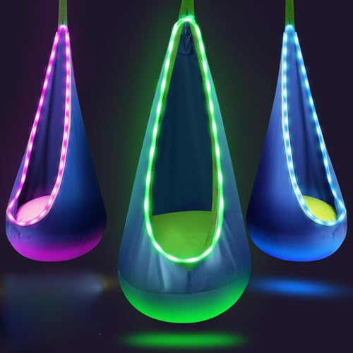 Hängehöhle Kinder, hängende Hängematte mit LED-Leuchten, Nestschaukel mit Zelt, sensorischer Schaukelstuhl mit aufblasbarem Kissen & allem Zubehör, Hängezelt, Sitzsack für Indoor & Outdoor (Blau)