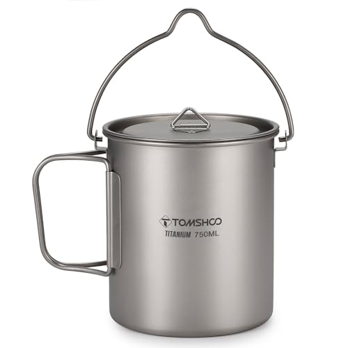 Camping Topf Set, 3 Teile Titan Pot Compact Camping Pans mit Deckel Zusammenklappbarer Griff Ultraleicher Tragbarer Campingwasserbecher für Outdoor Camping (750 ml Topf)