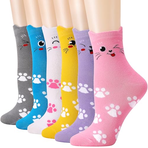 taonganui 6 Paar Katzensocken Cat Socken Damen EU 39-42, Baumwolle Socken für Damen Lustige Tiermuster Süß Damensocken Katzen Socken Crew Socken für Geburtstags und Weihnachts