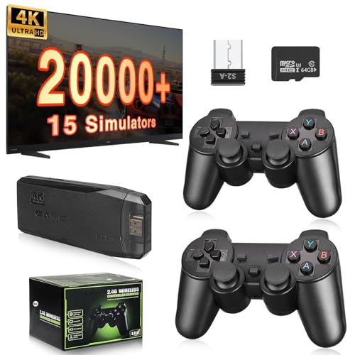 Retro Videospiel Konsole, Stick Spiel, Wireless Retro Spiel Stick, Plug and Play Videospiel Stick, 4K HDMI Ausgang, 9 Klassische Emulatoren, mit Dual 2.4G Wireless Controller (64G)