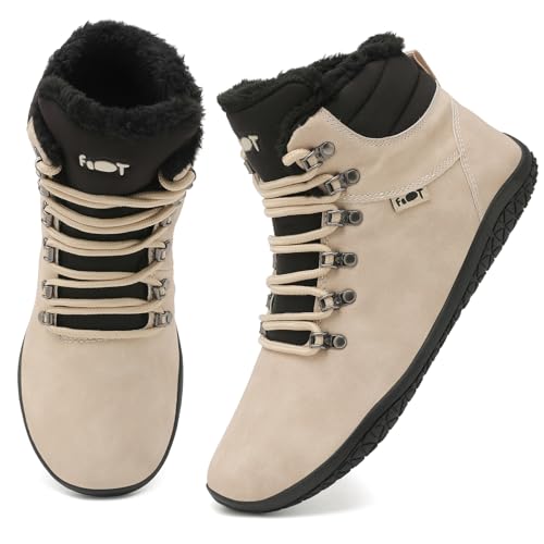 Geweo Barfußschuhe Winter Sneaker Stiefel Breite Walking Barfuss Damen Herren Trail Minimalistische Zero Drop Solhe Fitness Weit Rutschfest Zehenschuhe Wasserabweisend khaki 43EU