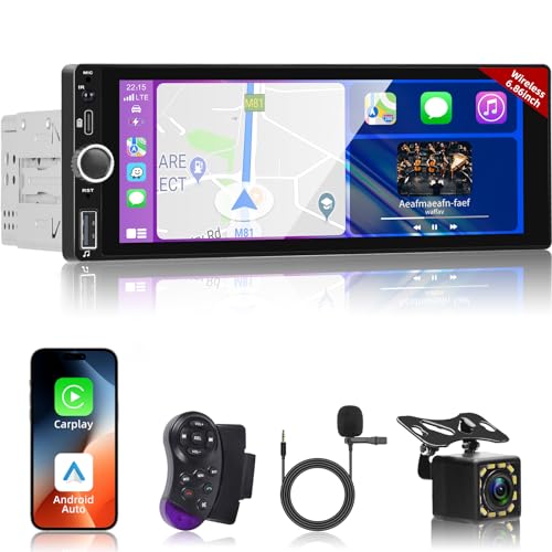 1 Din 6,86" HD Touchscreen Autoradio mit Drahtlos Carplay und Android Auto - 1 Din Radio Unterstützung Mirror Link FM RDS EQ Bluetooth + 12 Led Rückfahrkamera&Mic