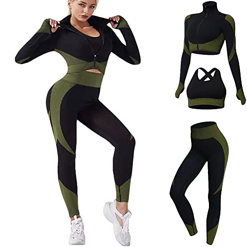 Veriliss Damen Sportanzüge Jogginganzug Sport Sets 3-Piece Gym Outfit Hosen und Sports Suit Crop Top Sportjacke Bekleidungssets Yoga Freizeitanzug Sportswear (SchwarzGrün,L)