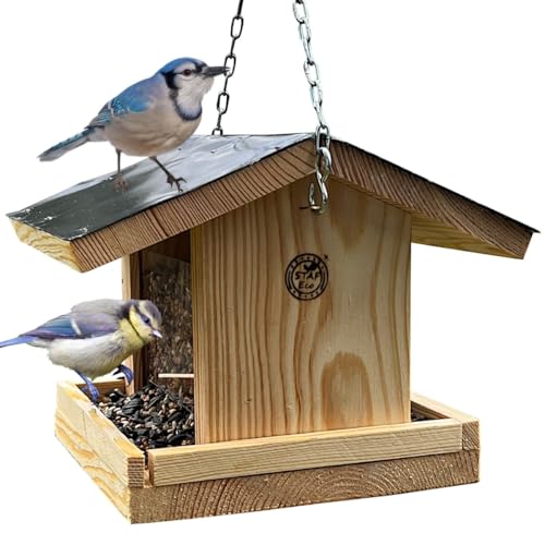 STAFECO Holz Vogelfutterhaus zum Aufhängen wetterfest großes Futterreservoir, stabiles Dach mit Kette & aufklappbarem Deckel Vogelhaus