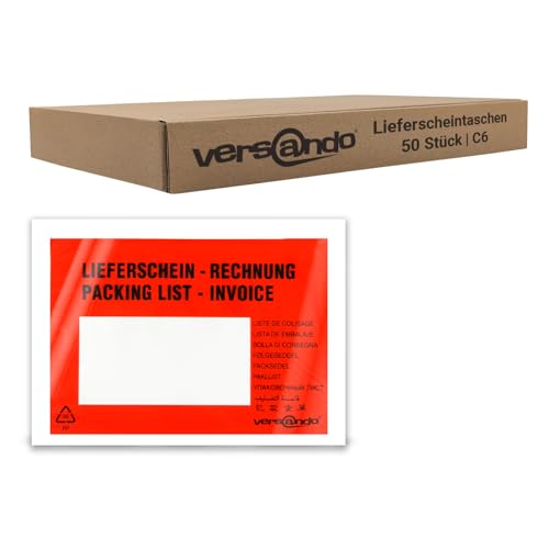 versando 50 Lieferscheintaschen C6 selbstklebend Dokumententaschen Begleitpapiertaschen rot/schwarz bedruckt Lieferschein/Rechnung