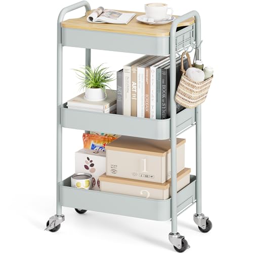 KINGRACK Rollwagen mit 3 Ebenen, Metallwagen mit abnehmbarem Holztablett, Aufbewahrung, Kunstwagen, Trolley, Organizer, Servierwagen, einfache Montage