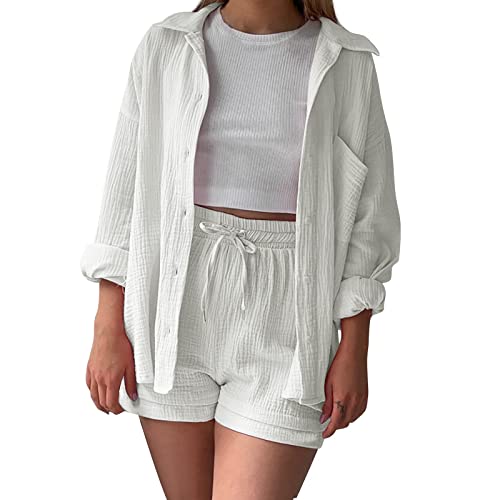 Damen Solide Frühling Faltenkragen Langarm Shirt Hohe Taille Frauen Elegante Anzüge Leicht Bequeme Jogginganzug Baggy Niedlich Freizeitanzug Kordelzug Shorts Große Casual Set Hose (White, XXL)
