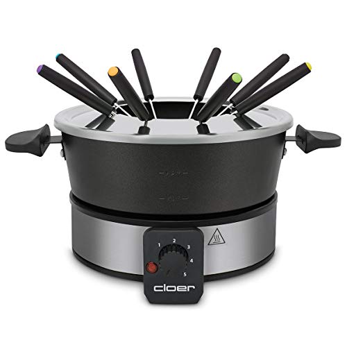 Cloer 6679 Fondue für 8 Personen, beschichteter Aluminiumtopf, inklusive Spritzschutz, 8 farbig markierte Gabeln 1,5 Liter, 1000 W, silber, schwarz