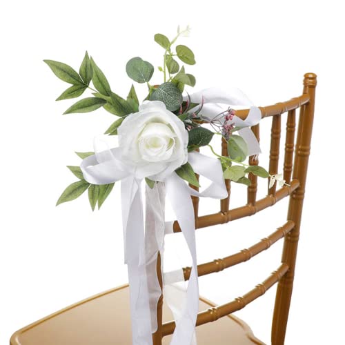 YQYAZL Hochzeits-Gang-Dekorationen, Set mit 6 Kirchenstuhl, Bank, Kirchenbänke, Schleifen für Hochzeitszeremonie, Party, Stuhldekoration mit künstlichen Blumen, Eukalyptus und Bändern, Weiß (6 Stück),