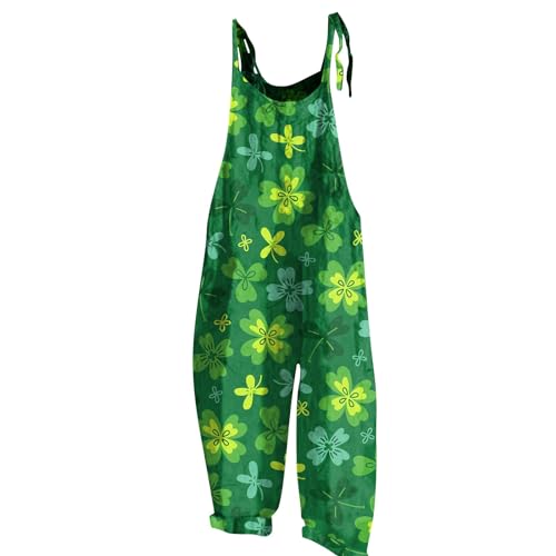 Jumpsuit Langarm Damen Hosenanzug Damen Business Jumpsuit Damen Kostüm Kleeblatt Druck St Patricks Day Kostüm Spaghetti Jumpsuit Wide Leg Playsuit Rückenfrei Romper Latzhose Bunt (Grün, M)