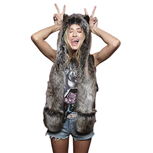 GUMEI 3 In 1 Frauen Männer Fluffy Plüschtier Wolf Leopard Hood Schal Schal Hut mit Pfoten Fäustlinge Handschuhe Verdicken Winter Warme Ohrenklappe Bomber Cap