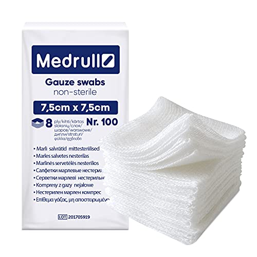 Medrull 8-lagige Kompressen 7.5 x 7.5cm Nicht-Sterile Wundauflagen - 100% Baumwolle, sehr weiches, saugfähige Mull - Medizinische Qualität 100er Pack