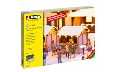 NOCH 65610 Noch NOCH Kombi-Set „Auf dem Weihnachtsmarkt“, mit Laser-Cut Bausatz und Lichterkette, ideal für Spur H0 und Weihnachtsstimmung, Mehrfarbig, Einheitsgröße