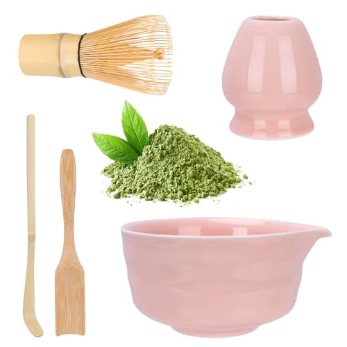 Matcha-Set, Matcha Set Rosa, Matcha-Schüssel mit Ausgießer, Matcha-Rührer und Ständer, Matcha-Löffel, Teelöffel, 5-teiliges Matcha Set Pink für Teeliebhaber
