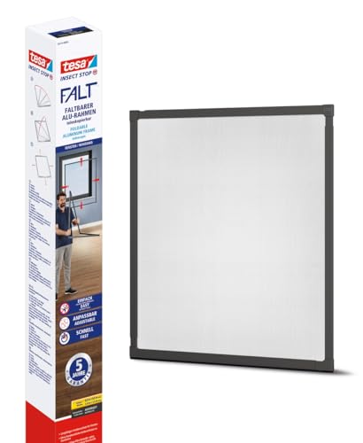 tesa Insect Stop FALT Fenster - Faltbarer Alu-Rahmen - Fliegengitter mit verstellbarem Teleskoprahmen – Rahmen in Anthrazit - 80 cm x 80 cm bis 140 cm x 140 cm