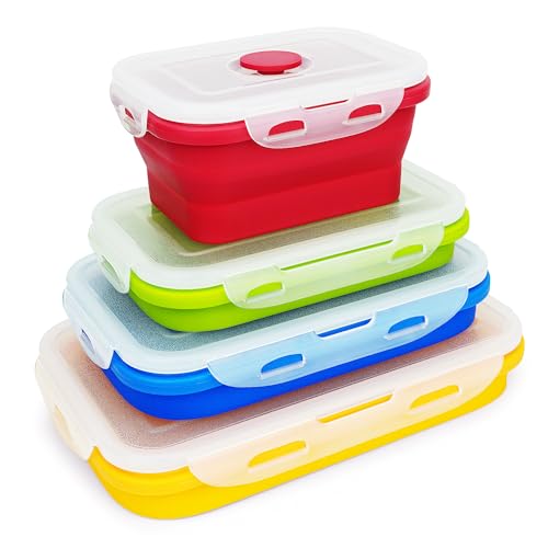 Lunbengo Silikon-Bento-Lunchbox, 4-in-1, zusammenklappbar, Lebensmittelbehälter für den Außenbereich, für Reisen, Picknick, Camping, mikrowellengeeignet, 350 ml + 540 ml + 800 ml + 1200 ml