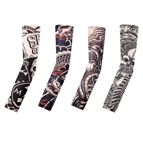 QEQSHQO 4 Set Tattoo-Ärmel, Stretch-Nylon, realistische temporäre Fake-Tattoo-Ärmel, Ärmel für Männer und Frauen, Sportschutz, Sonnenschutz, Belüftung