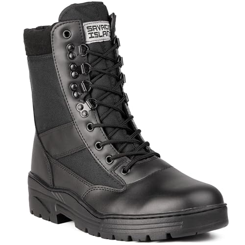 Savage Island Leder Stiefel Kampfstiefel Einsatzstiefel mit Reissverschluss Militär Bundeswehr Wandern Tactical Boot Schwarz, 46 EU