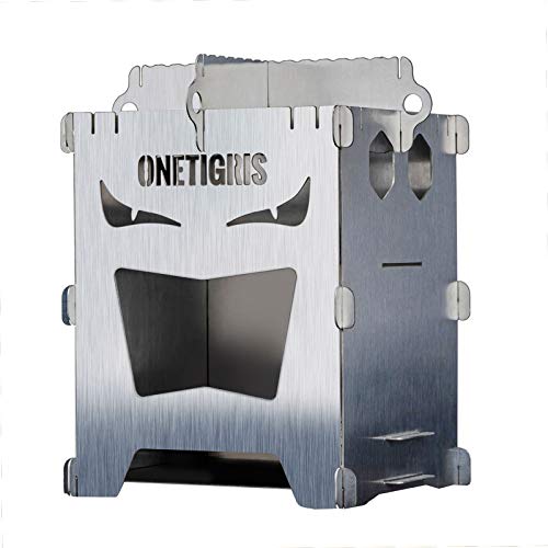 OneTigris ROCUBOID Holzofen Tragbarer Campingofen aus Edelstahl Camping Kocher Alkohol Ofen für Wandern Bushkraft Trekking Outdoor inkl. Tragetasche(Edelstahl 304)