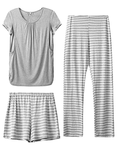 SUNNYBUY Damen Umstandsmode Stillpyjama-Set, Kurzarm-Stillshirts, Schwangerschafts-Shorts und Hosen, 3-teiliges Stillpyjama-Set, Grau&Streifen L