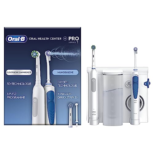 Oral-B Oral Health Center Munddusche mit Oxyjet-Technologie für Zahnreinigung, 2 Ersatzdüsen & PRO Series 1 Elektrische Zahnbürste/Electric Toothbrush, 2 Aufsteckbürsten, 3 Modi für Zahnpflege, weiß