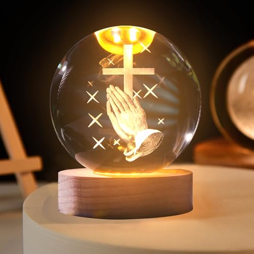 3D Kristallkugel Nachtlicht, USB Betende 3D-Kristallhände Mit Jesus-Kreuz-Statue, Gravierte Heilige-Familien-Figur Mit Holzsockel, Religiöse Geschenke Für Die Inneneinrichtung (A)