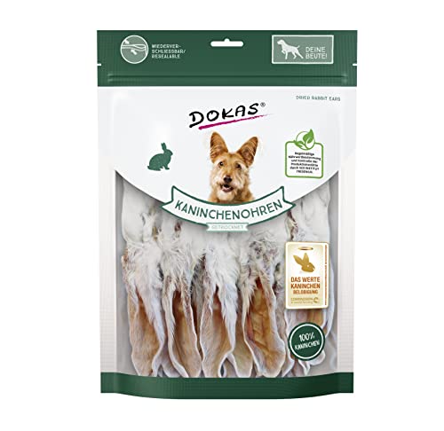 DOKAS Kaninchenohren mit Fell – Getreidefreier Premium Natursnack für Hunde aus 100% Kaninchen – Lang für große Hunde – 1 x 180 g