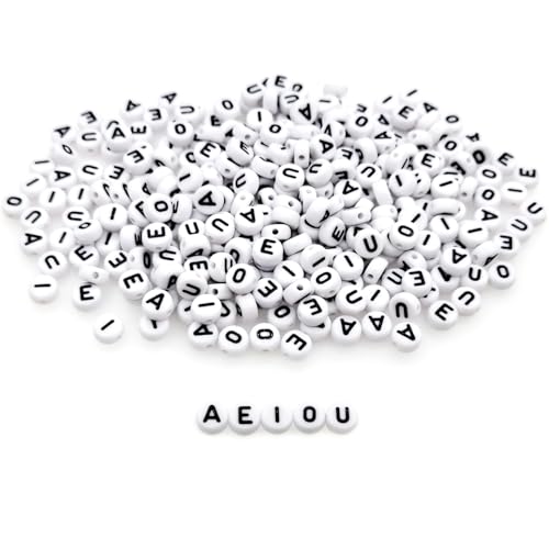 Lnvision 300 Stück 4x7mm Buchstabenperlen Vokale Schwarz Buchstabenperlen A E I O U Rund Acryl Spacer Perlen für Schmuckherstellung