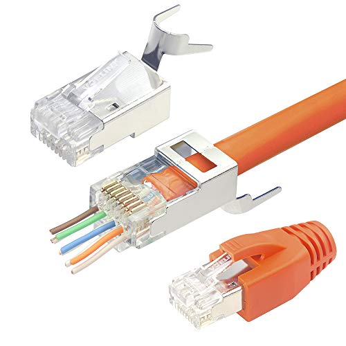 VCELINK 2. Gen. Netzwerkstecker Cat7 Cat6A Pass Through RJ45 Stecker für Verlegekabel Geschirmt mit Einfädelhilfe und Knickschutz 10 Stück, Switch/TV / PS4 / ADSL/Modem/TV Box/Router/PC