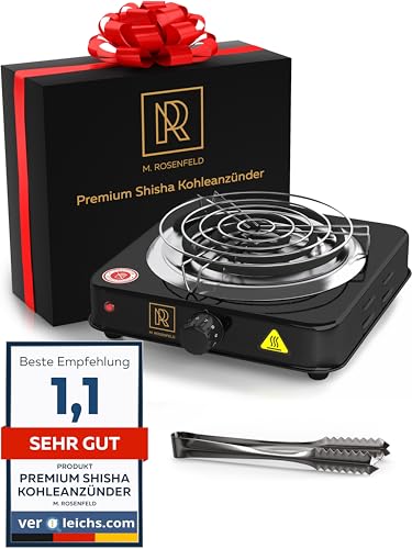 M. ROSENFELD Shisha Kohleanzünder für Shisha Kohle - Elektrischer Kohleanzünder BLACK HEAT 1000W + Shisha Zubehör Set Edelstahl Kohle Gitter & Shisha Zange Kohlegrill Shisha 150cm Kabel