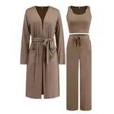 Hosenanzug Damen Hochzeit Modern Freizeitanzug Einfarbige Weste für Damen + langärmliger Cape-Mantel + Hose mit weitem Bein, lässiges dreiteiliges Set Damen Elegant Weites Bein Hosenset (Khaki, XXL)